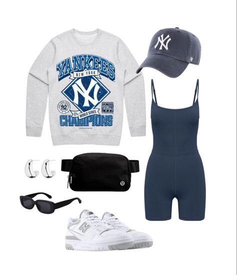 Yankees Game Outfit, Baseball Fits, Yankees Outfit, Class Fits, Baseball Game Outfit, Comfy Summer Outfits, New Balance Outfit, Game Outfit, Football Game Outfit