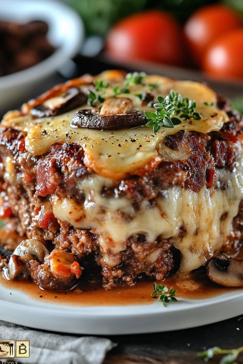 bacon mushroom swiss meatloaf Mushroom Swiss Meatloaf Recipes, Beef And Onion Recipes, Ground Beef Comfort Food Dinners, Mushroom Recipes Main Dishes, Ground Pork Mushroom Recipes, Ground Beef And Pork Recipes Main Dishes, Restaurant Meatloaf Recipes, Hidden Veggie Meatloaf, Unusual Recipes Dinners