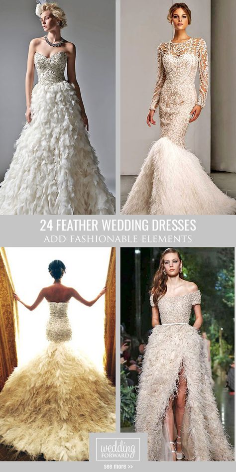 24 Beautiful Feather Wedding Dresses -Trend For 2016 ❤ Today there are a wide variety of feather wedding dresses that allows you to use them in any wedding styles:  rustic, boho, beach or vintage. See more: http://www.weddingforward.com/feather-wedding-dresses/ #wedding #dresses Weddig Dresses, Feather Wedding Dresses, Feathered Wedding Dress, Wedding Dresses Trendy, Feather Wedding Dress, Wedding Dress With Feathers, Wedding Dress Gown, Wedding Dress Bride, Vintage Inspired Wedding Dresses