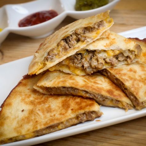 Wahlburgers at Home - Recipes Cheeseburger Quesadilla Recipe, Wahlburgers Recipes, Cheeseburger Quesadilla, Ground Beef Meatloaf, At Home Recipes, Sweet And Spicy Chicken, Beef Lasagna, Quesadilla Recipe, Cheddar Chicken