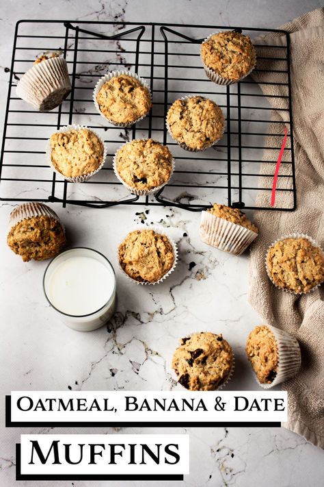 Healthy Banana Baking, Banana Date Muffins Healthy, Banana And Date Muffins, Date Banana Muffins, Date Muffins Healthy, Dates And Banana Recipes, Banana Date Recipes, Oatmeal Date Muffins, Dates Muffins