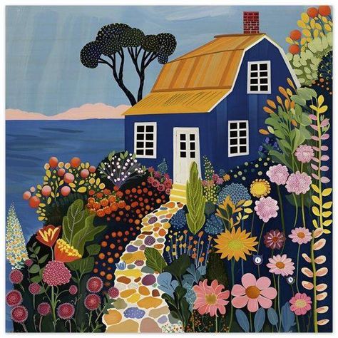 Naive Art Extraordinaire | Naive Art Painting of a Blue House in Stockholm Archipelago - Unique Wooden Print - Etsy | Facebook House Acrylic Painting, Naive Painting, Paint Easy, Seaside Art, Naive Illustration, Pastel Poster, Serene Landscape, Wooden Prints, Landscape Quilts