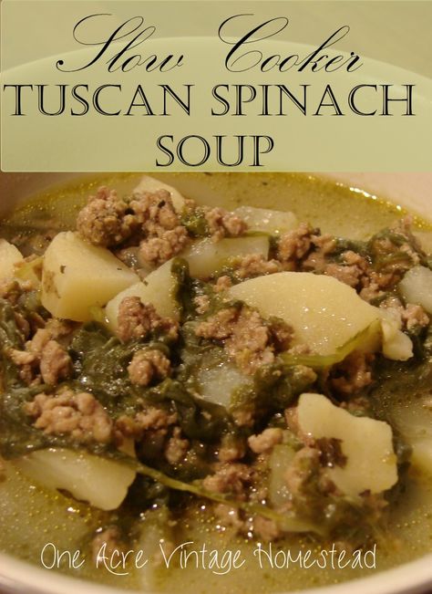 An Olive Garden restaurant copycat sausage and kale soup made with ground beef and spinach and white potatoes. This spinach soup is great in a slow cooker. Soup Sausage Spinach, Soup Sausage, Ground Beef And Spinach, Spinach Soup Healthy, Vintage Homestead, Sausage And Kale Soup, Spinach Soup Recipe, Sausage Spinach, Cooking With Ground Beef