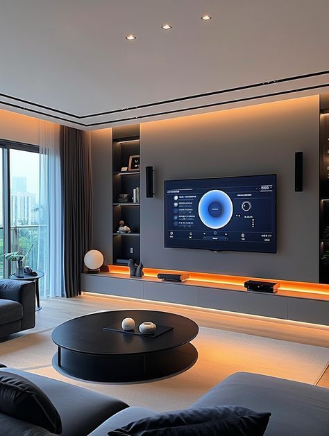 Orange Black Living Room, Black And Gray Living Room Decor, Black And Orange Living Room, Luxury Apartment Living Room, Round Black Coffee Table, Orange Lighting, Luxury Sofa Living Room, Modern Style Living Room, Black Coffee Table