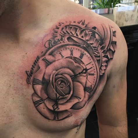 Tattoo Chest And Shoulder, Chest Tattoo With Meaning, Time Clock Tattoo, Rose Chest Tattoo, Clock And Rose Tattoo, Tattoo Chest, Rose Tattoos For Men, Tattoo Prices, Cool Chest Tattoos