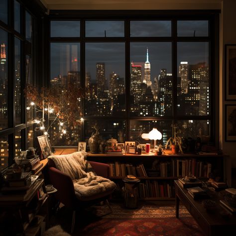 Bed Overlooking City, Cottagecore City Apartment, Cozy City Apartment Aesthetic, Cosy City Apartment, Apartment Overlooking City, Rustic City Apartment, Sky Light Bedrooms, Nyc Apartment Vintage, City Apartment Aesthetic Night