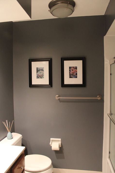 Liquid mercury by behr paint.  I think this may be the new bathroom color. Dark Gray Bathroom, Grey Accent Wall, Bathroom Paint Colors, Grey Paint, Rustic Bathroom Decor, Bathroom Color, Girls Bathroom, Bathroom Redo, Grey Bathrooms