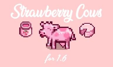 Strawberry Cows at Stardew Valley Nexus - Mods and community Stardew Tips, Strawberry Cows, Cheese Press, Stardew Valley Layout, Stardew Valley Fanart, Kawaii Games, Diy Things, Pink Strawberry, Games Images