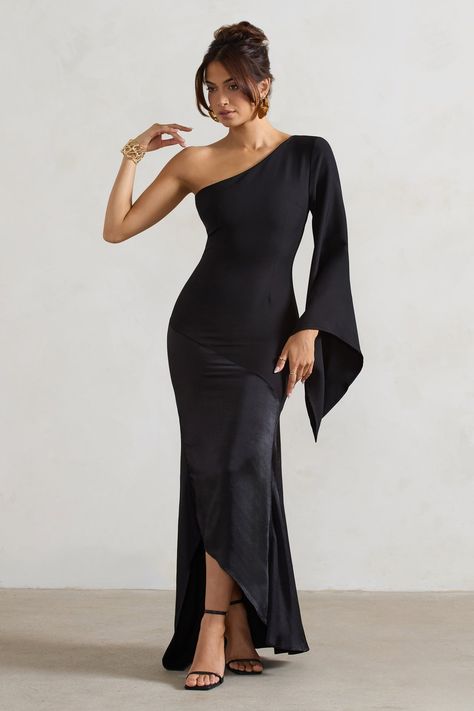 Salem Black Asymmetric Cape-Sleeve Maxi Dress With Satin Skirt – Club L London - USA Club L London, Black Dress Prom, Black Tie Gala, Asymmetric Neckline, Party Dress Long Sleeve, Cape Sleeves, Black Sequin Dress, Black Velvet Dress, Black Tie Event