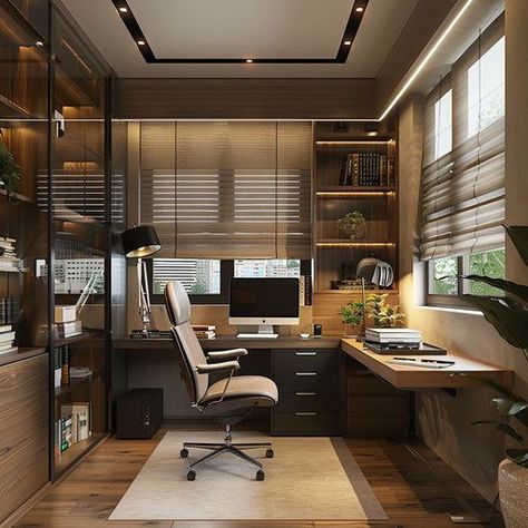 Indoor Office Design, Home Office Sophisticated, Office At Home Aesthetic, Living Room Study Area, Writing Studio Workspaces, Luxury Office Cabin Design, At Home Office Design, In Room Office, Home Office Glass Wall