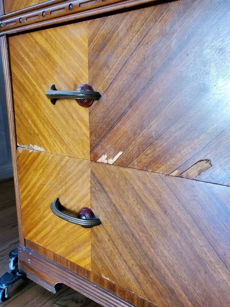 My client inherited this dresser from her great grandmother and wanted to be able to use it and perhaps later on use it in her nursery. Structurally it was solid. But had some veneer damage and just needed to be sanded and given a new finish. She wanted a modern clean look, so we went with white and wood look. I started sanding with my electric sander grit 120/220/320. Once the drawers, top and sides were sanded I applied this penetrating stain. Look at that gorgeous wo Art Deco Dresser Makeover, Antique Dresser Redo, Waterfall Dresser Makeover, Unfinished Wood Dresser, Art Deco Waterfall Dresser, Waterfall Furniture, Waterfall Dresser, Waterfall Vanity, Craftsman Style Doors