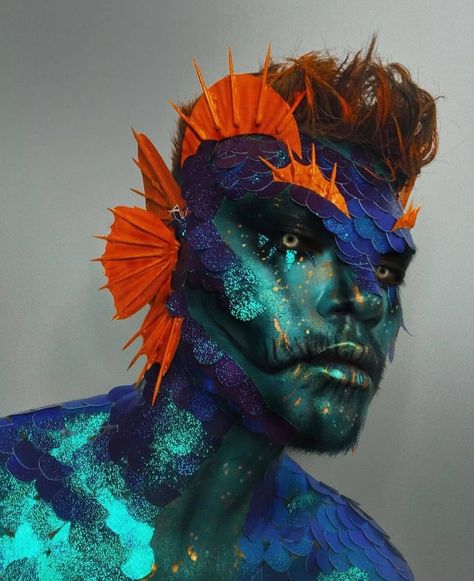 Aqua Halloween, Sea Creature Makeup, Male Siren, Warhammer Cosplay, Dragon Makeup, Ben Nye Makeup, Fish Makeup, Nye Makeup, Monster Makeup