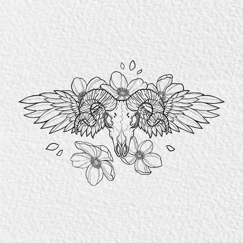 Ram skull with wings surrounded by flowers for tattoo linework Ram Skull Tattoo, Ram Skull, Skull Artwork, Bleach Art, Tattoo Outline, Tattoo Stencils, Illustration Artists, Lotus Flower Tattoo, Botanical Illustration