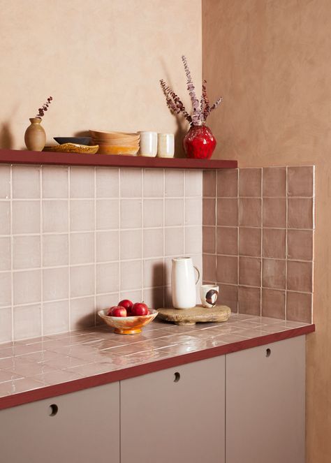 Tiled Worktop, Room Wall Tiles, Reclaimed Tile, Tiled Hallway, Square Tiles, House Vibes, Pink Tiles, Herringbone Tile, Diy Tile