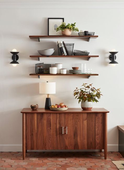 Project: How to Install Shelving Sideboard Floating Shelves, Shelves Over Sideboard, Sideboard With Shelves Above, White Oak Sideboard, Sideboard Walnut, Bar Stools Kitchen Island, Walnut Sideboard, Room Cabinet, Large Shelves