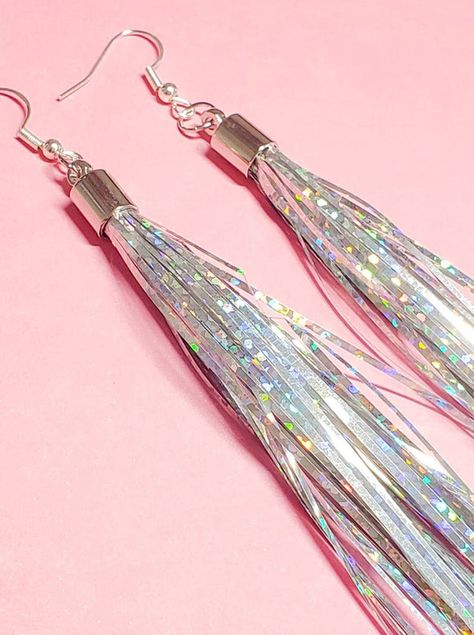 Holographic Tinsel Earrings – PopPastel Tinsel Earrings, Earring Photography, Model Earrings, Iridescent Earrings, Funky Clothes, Ear Accessories, Witch Earrings, Goth Earrings, Punk Earrings