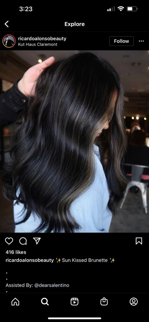 Subtle Bayalage For Black Hair, Darkest Brown Hair With Money Piece, Dark Brown Dimensional Hair Subtle Highlights, Subtle Balayage Black Hair Straight, Subtle Babylights For Dark Hair, Dark Hair With Minimal Highlights, 2023 Dark Hair Color Trends For Women, Dark Brown Hair With Minimal Highlights, Black Hair With Partial Highlights