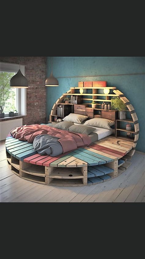 Bedrooms With Circle Beds, Circle Bed Designs, Circular Bed Design, Round Bed Cheap, Round Pallet Bed, Relaxing Room Ideas, Modern Teen Room, Unique Bed Frames, Circle Bed