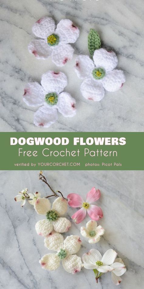 Dogwood Flowers Free Crochet Pattern Mini Crochet Flowers Pattern Free, Crochet Mini Flowers Free Pattern, Wildflower Blanket, Crochet Moose, Crochet Plants, Crochet Flower Pattern, Dogwood Flower, Crochet Flowers Free Pattern, Confection Au Crochet