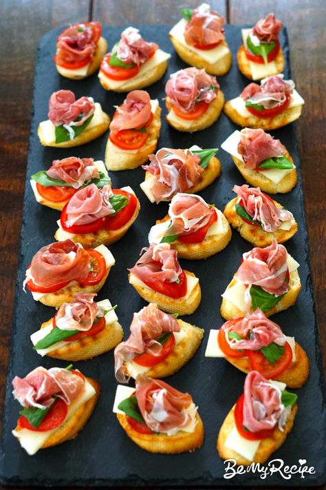 Prosciutto Crostini Recipe with Fresh Basil and Provolone - Be My Recipe Proccutio Appetizers, Herb Cream Cheese Recipe, Prosciutto Crostini, Fresh Basil Recipes, Crostini Recipe, Crostini Recipes, Small Tomatoes, Provolone Cheese, Cream Cheese Recipes