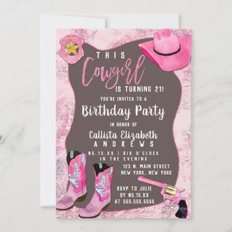 $ 2.95 | Country Pink Glitter Cowgirl Watercolor Birthday #cowgirl theme, cowboy boots, revolver gun, cute and girly, watercolor illustrations, birthday party, sheriff badge, sparkly glitter, blush neon pink mint teal, country stetson hat Cowgirl Watercolor, Glitter Cowgirl, Country Pink, Sheriff Badge, Cowgirl Birthday Party, Cowgirl Birthday, Pink Cowgirl, Watercolor Birthday, Colored Envelopes