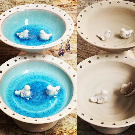 The birds are now bathing 😄 #potterylove #potteryjewelrybowl #potterybirdbath #jewelrydishes Bird Bath Pottery, Ceramic Bird Baths Pottery, Ceramic Bird Bath Handmade, Clay Bird Bath, Pottery Owls, Beautiful Cutlery, Ceramic Bird Bath, Hanging Bird Bath, Clay Bird