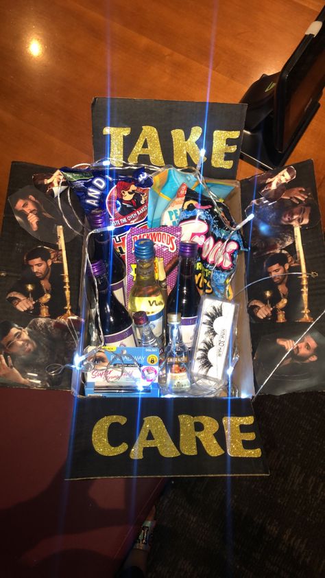 Drake Take Care  Items used:  Glitter Letter Stickers Cardboard Box Glue Tape Backwoods  25mm eyelashes Hot Fries Trolli Gummy worms Barefoot Wine Smirnoff shots Drake props Drake Gifts Ideas, Drake Gifts, Trolli Gummy Worms, Trolli Gummy, Drake Party, Drake Birthday Party, Drake Birthday, Hot Fries, Drake's Birthday