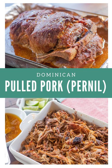 This Dominican Pernil (Pulled Pork) recipe is a classic in Dominican households and one that I could not forgo sharing with you. Leftover Pernil Recipes, Pernil In Crockpot, Dominican Pernil Recipe, Dominican Christmas Dinner, Pernil Recipe Dominican, Spanish Pork Recipes, Dominican Food Dinners, Pernil Dominicano, Dominican Pernil