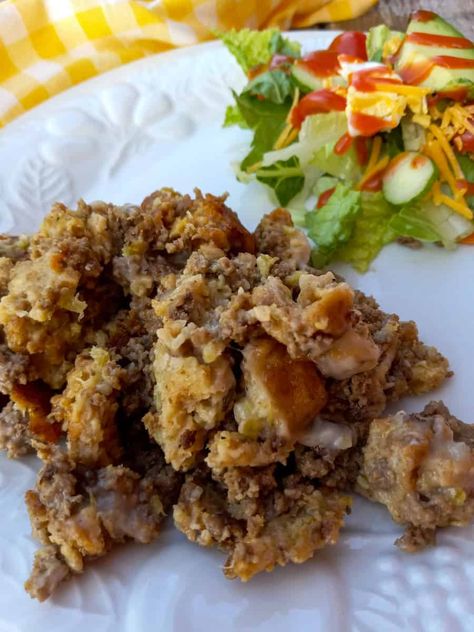 Hamburger Stuffing Casserole (Amish Recipe) - Amish Heritage Amish Apple Pie Recipe, Basic Stuffing Recipe, Turkey Stuffing Recipe, Stuffing Balls, Stuffing Recipes For Thanksgiving, Hamburger Casserole, Stuffing Casserole, Turkey Stuffing, Stove Top Recipes