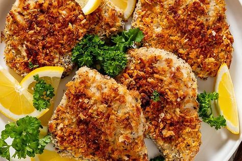 Crispy Baked Cornflake-Crusted Pork Chops Recipe Is On the Table in 30 Minutes #30secondmom Cornflakes Pork Chops, Corn Flake Pork Chops Baked, Cornflake Crusted Pork Chops, Corn Flake Pork Chops, Cornflake Pork Chops Oven Baked, Cornflake Pork Chops, Boneless Pork Chops Oven, Pork Schnitzel Recipe, Air Fry Pork Chops