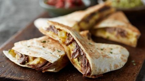 Back-To-School Recipes | Beef Loving Texans Leftover Shredded Beef, Egg Quesadilla, Quesadilla Recipes Beef, Onion Burger Recipe, Breakfast Quesadilla Recipes, Egg Roll Recipe, Homemade Egg Rolls, Breakfast Quesadilla, Onion Burger