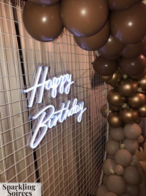 Brown Birthday Theme, Happy Birthday Neon Sign, Mesh Backdrop, Birthday Neon Sign, Happy Birthday Neon, Event Stylist, Birthday Inspo, Happy Birthday Balloons, 17th Birthday