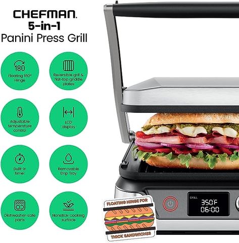 Chefman 5-in-1 Digital Panini Press Grill Sandwich Maker, Sandwich Press and Griddle Grill Combo with Removable, Reversible Dishwasher-Safe Grilling Plates, Opens 180° for Indoor BBQ or Flat Top Grill Clean Bbq Grill Grates, Grilled Cheese Maker, Indoor Bbq, Indoor Electric Grill, Panini Maker, Pressed Sandwich, Grill Sandwich, Grill Sandwich Maker, Panini Press