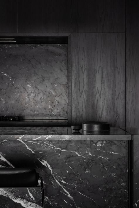 Black Marble Interior, Polished Plaster Walls, Black Marble Kitchen, Polished Plaster, Kitchen Finishes, Video Game Room Design, Monochromatic Palette, Black And White Interior, The Local Project