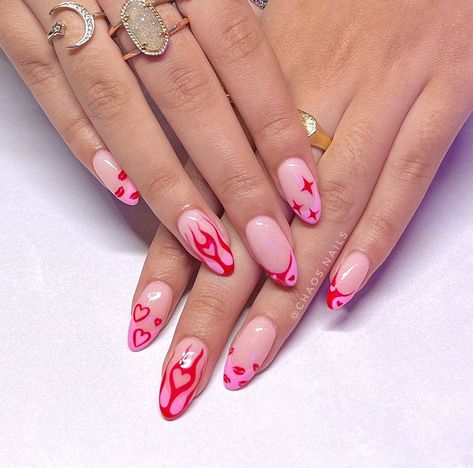 nails french tip pink almond design acrylic gel x Colorful Pink Nails, Red Nail Set Almond, Nails Pink And Red, Pink Nails With Red Tips, Pink Fire Nails, Pink Funky Nails, Pink Flame Nails Acrylic, Nail Art Grunge, Funky Pink Nails