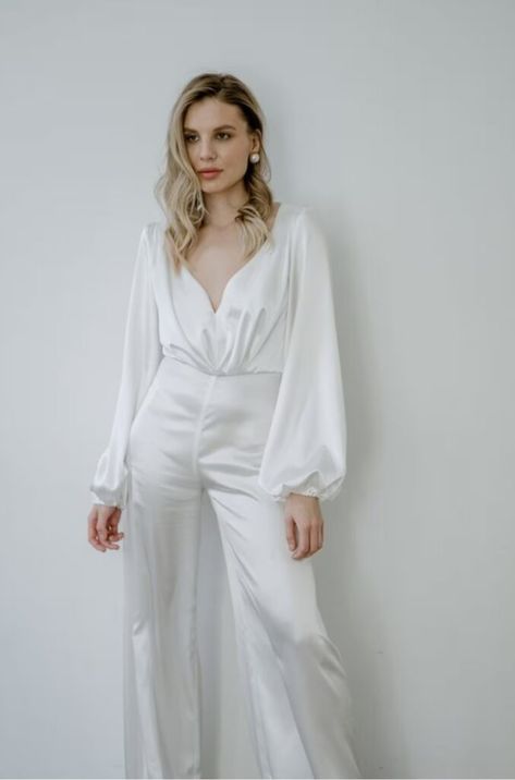 Bridal Shower Jumpsuit, Bridal Pantsuit, Bridal Pants, Elegant Silk Dresses, White Pantsuit, Wedding Outfits For Women, Satin Suit, Tulle Wedding Gown, Satin Belt