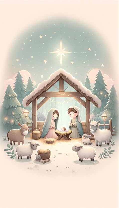 Nativity Scene Images, Nativity Wallpaper Iphone, Christmas Nativity Wallpaper, Nativity Phone Wallpaper, Jesus Born Christmas Wallpaper, Nativity Wallpaper, Cute Nativity Scene, Manger Scene Wallpaper, Nativity Illustration