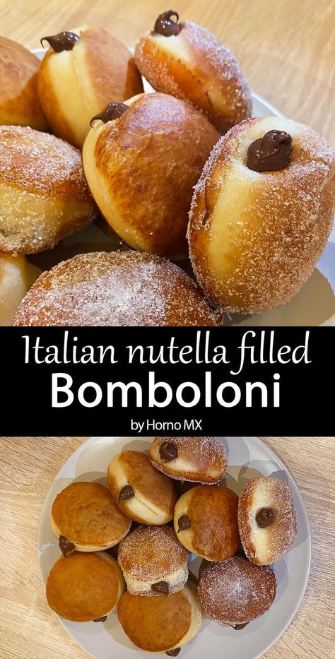 Nutella Filled Donuts Recipe, Nutella Stuffed Donuts Recipe, Nutella Filled Doughnut, Bombolini With Nutella, Nutella Bomboloni Recipe, Nutella Doughnut, Easy Italian Desserts, Zeppoli Recipe, Bomboloni Recipe