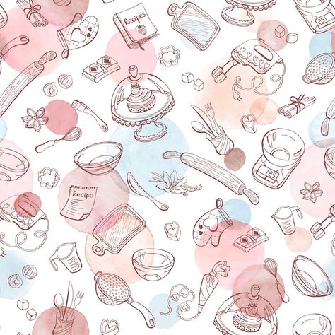 Cute Baking Wallpaper, Cartoon Tools, Baking Cartoon, Baking Wallpaper, Kitchen Vector, Doodle Background, Watercolor Vector, Logos Vintage, Bag Painting