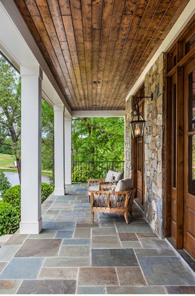 53 Front & Back Porch Design Ideas - | Sebring Design Build Back Porch Design Ideas, Back Porch Design, Front Porch Stone, Modern Front Porches, Back Porch Designs, Rustic Front Porch, Stone Porches, Mountain Home Exterior, Porch Design Ideas