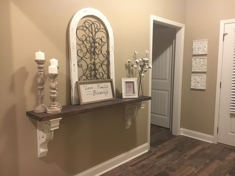 Half Tables On Wall Entryway, Corbel Table Entryway, Corbel Shelf Decor, Shelf With Corbels, High Ceiling Foyer Ideas Entryway, Corbels Ideas, Arched Wall Decor, Farmhouse Shelves Decor, Corbel Shelf