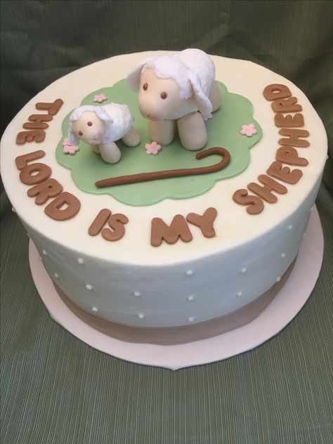 The lord is my shepherd baby shower cake Lamb Baby Shower Cake, Lamb Cake, Baby Lamb Baby Shower, Baby Bible, The Lord Is My Shepherd, Baby Dedication, Baby Lamb, Baptism Cake, Pretty Birthday Cakes