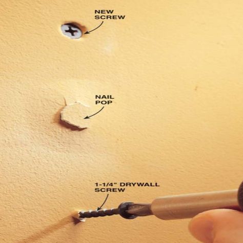 How to Fix Popped Drywall Nails and Screws | Family Handyman | The Family Handyman Drywall Ceiling, Wall Nails, Drywall Repair, Drywall Screws, Nail Repair, Nail Pops, Popular Nail Designs, Nails And Screws, Family Handyman