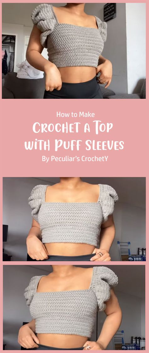 Follow the step-by-step instructions provided by Peculiar’s Crochet to crochet this top with puff sleeves. You can personalize your crochet top by incorporating decorative embellishments. Crochet Top Puff Sleeve, Crochet Puff Sleeve Top Free Pattern, Crochet Puff Sleeve Top, Crochet A Top, Cap Design Ideas, Crochet Puff Sleeve, Crochet Caplet, Stylish Tops For Girls, Top Puff Sleeve