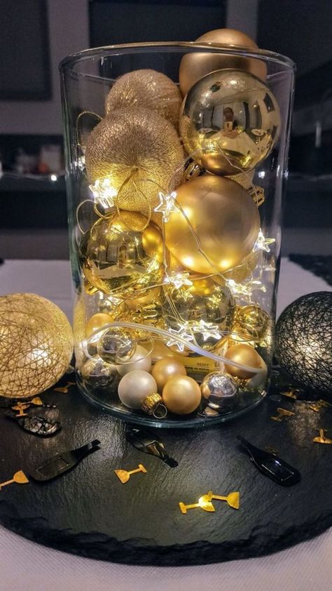 60+ Dazzling DIY Dollar Store New Years Eve Party Ideas | HubPages New Years Eve Centerpiece, Black And Gold Centerpieces, Happy New Year Eve, Deco Nouvel An, Gold Table Decorations, New Years Eve Party Ideas Decorations, Black And Gold Party Decorations, Dollar Store Christmas Crafts, New Year Table