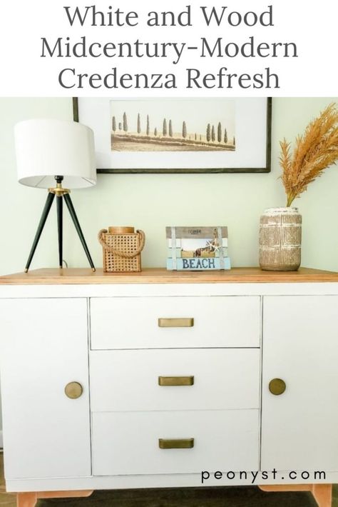 DIY White and Wood MCM Credenza Mcm Credenza, Diy Midcentury, Furniture On A Budget, Painted Concrete Floors, Leftover Paint, Clear Vases, Rustic Vase, Rustic Pottery, Mediterranean Decor