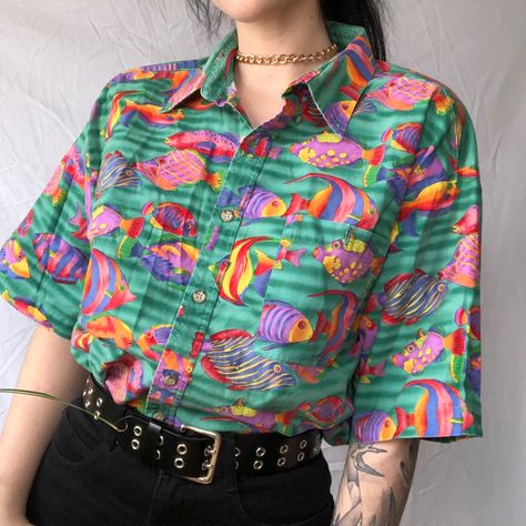 80s Colorful Fashion, Pattern Button Up, Colorful Vintage Aesthetic Outfits, Funky Button Up Shirt Outfit, Casual Pride Outfit, Colourful Aesthetic Outfit, Funky Button Ups, Colorful Button Up Shirt Outfit, Colorful Shirt Outfit