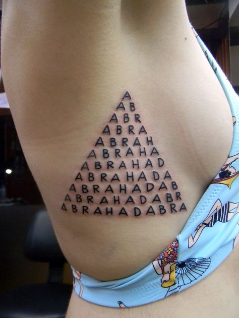 abracadabra: "abracadabra is an incantation used as a magic word in stage magic tricks, and historically was believed to have healing powers when inscribed on an amulet." Abracadabra Tattoo, Chaos Tattoo, Magic Words, Magic Tricks, Healing Powers, Triangle Tattoo, Healing, Tattoos