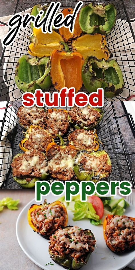 3 views: grilled peppers unstuffed, stuffed and cooked in grill basket, and served on a plate with salad. Stuffed Bell Peppers On Traeger, Stuffed Bell Peppers On The Grill, Stuffed Peppers On Grill, Stuffed Peppers Grilled, Bbq Stuffed Peppers, Grilled Stuffed Bell Peppers, Stuffed Peppers On The Grill, Grilled Peppers Recipe, Peppers On The Grill