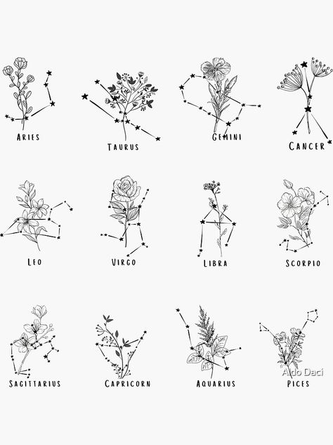 Birth Flower Star Sign Tattoo, Capricorn Flower Constellation Tattoo, Zodiac Matching Tattoos, Horoscope Flowers Tattoo, Flower And Constellation Tattoo, Minimalist Zodiac Tattoo, Minimalist Tattoo Zodiac Signs, Capricorn Minimalist Tattoo, Tattoo Ideas Children